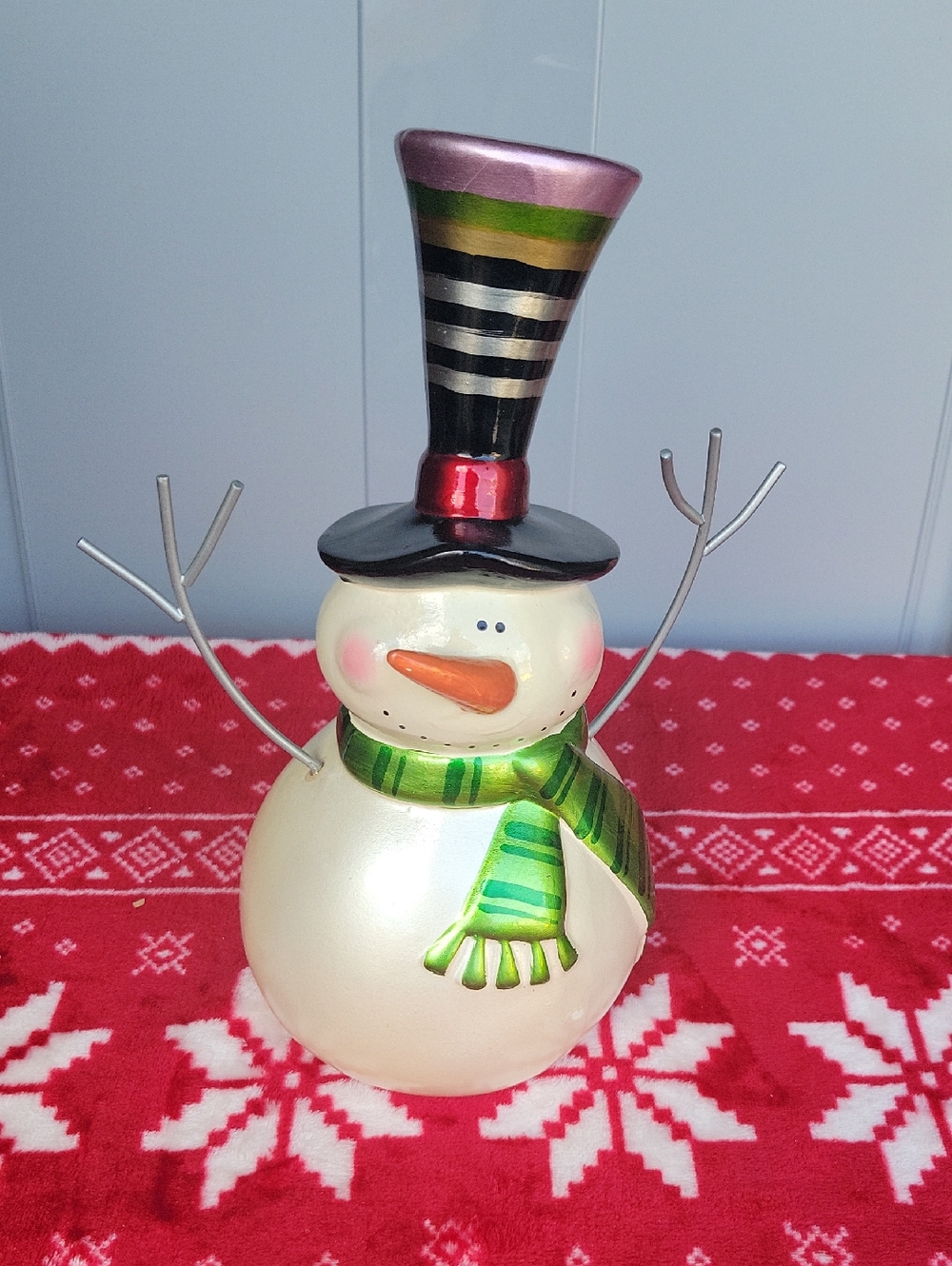 Pier 1 Festive Snowman Figurine with Green Scarf and Pink-Accent Top Hat